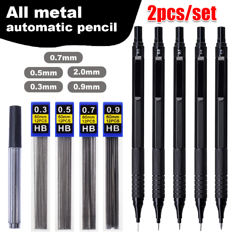 Mechanical Pencil 0.3 - 黒色の低重心メタルメカニカルペンシルセット 0.3-2.0mm芯 自動ペンシル アートスケッチ 絵画 筆記用具