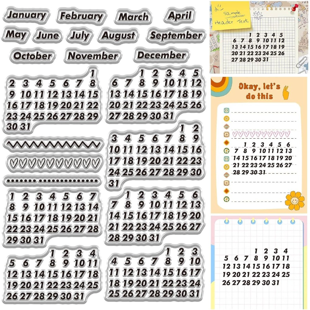 Rubber Date Stamp - カレンダー日付クリアスタンプヴィンテージ月ゴムシリコン再利用可能な背景消印透明シリコンスタンプシール
