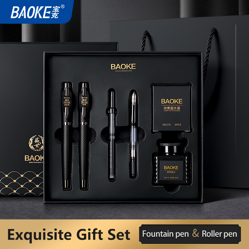 Fountain Pen Bottled Ink - BAOKE T18/T19/T20 ブラックグレー万年筆ギフトセット、インクボトル、カートリッジ6本、絶妙なパッケージ、滑らかな書き心地のペンが含まれます